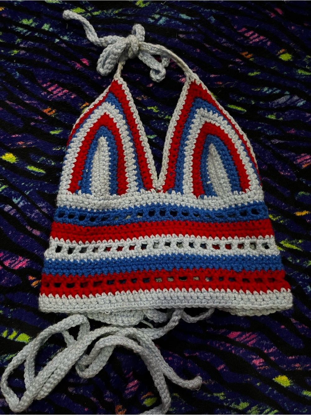 Crochet Striped Halter Crop Top in Red, Blue & light blue